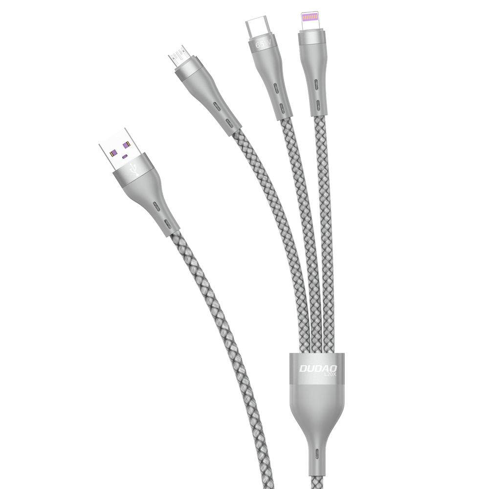 iTok webáruház - Dudao Dudao L20X 3 az 1-ben USB-kábel, 65 W, 1,2 m, szürke 1 Dudao 3in1 USB cable - Lightning / microUSB / USB Type C 65W 1.2m gray (L20X)