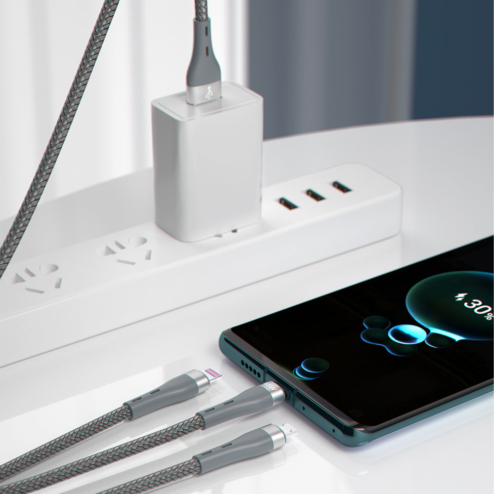 iTok webáruház - Dudao Dudao L20X 3 az 1-ben USB-kábel, 65 W, 1,2 m, szürke 2 Dudao 3in1 USB cable - Lightning / microUSB / USB Type C 65W 1.2m gray (L20X)