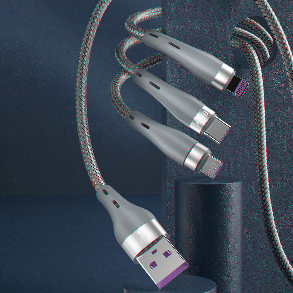 iTok webáruház - Dudao Dudao L20X 3 az 1-ben USB-kábel, 65 W, 1,2 m, szürke 3 Dudao 3in1 USB cable - Lightning / microUSB / USB Type C 65W 1.2m gray (L20X)