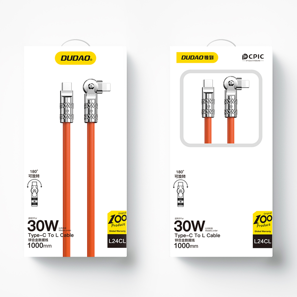 iTok webáruház - Dudao Dudao L24CL USB-C–Lightning, 180°-ban forgatható kábel, 30 W, 1 m (narancssárga) 5 Dudao L24CL USB-C - Lightning angled cable with 180° rotation 30W 1m (narancssárga)