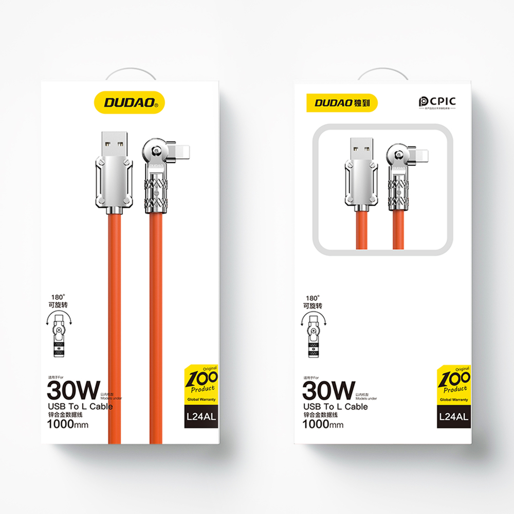 iTok webáruház - Dudao Dudao L24AL USB-A–Lightning kábel, 180°-ban forgatható, 30 W, 1 m (narancssárga) 5 Dudao L24AL USB-A - Lightning angled cable with 180° rotation 30W 1m (narancssárga)