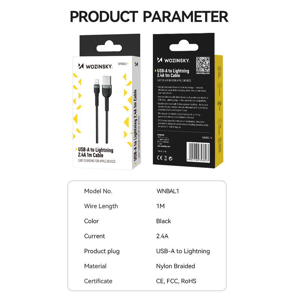 iTok webáruház - Wozinsky Wozinsky WNBAL1 USB-A–Lightning kábel, 2,4 A, 1 m (fekete) 5 Wozinsky WNBAL1 USB-A / Lightning 2.4A cable 1 m (fekete)