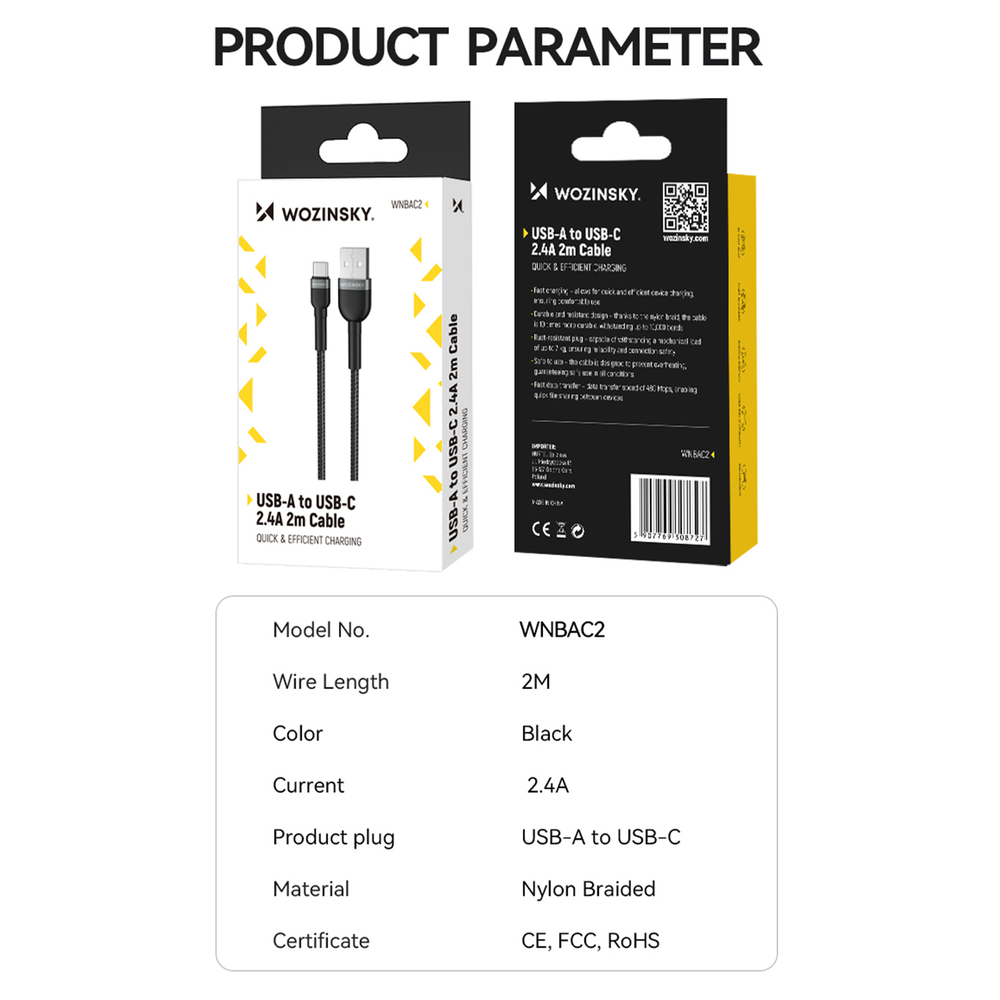 iTok webáruház - Wozinsky Wozinsky WNBAC1 USB-A / USB-C 2,4 A kábel, 1 m (fekete) 5 Wozinsky WNBAC1 USB-A / USB-C 2.4A cable 1 m (fekete)