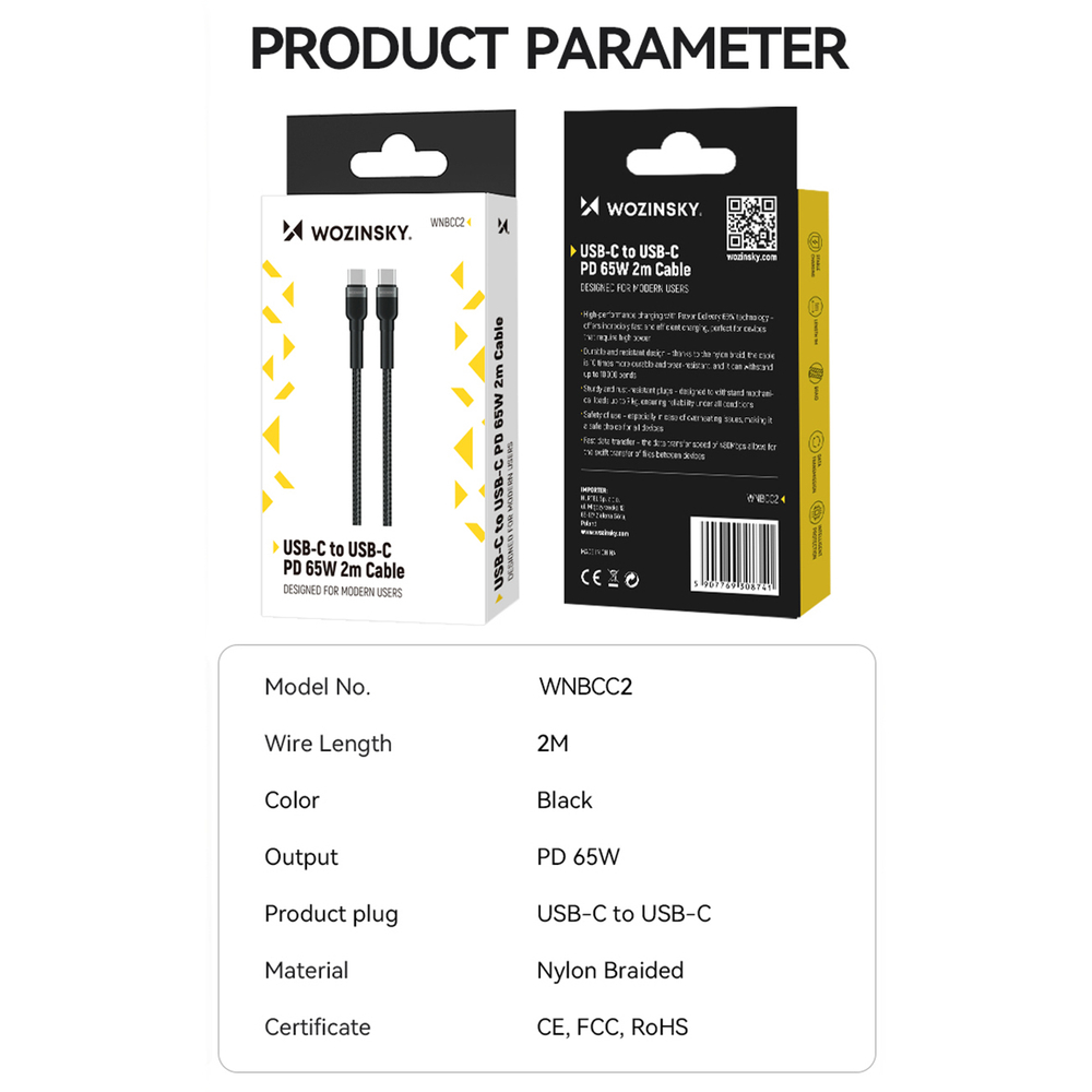 iTok webáruház - Wozinsky Wozinsky WNBCC2 USB-C–USB-C PD 65 W kábel, 2 m (fekete) 5 Wozinsky WNBCC2 USB-C / USB-C PD 65W cable 2 m (fekete)
