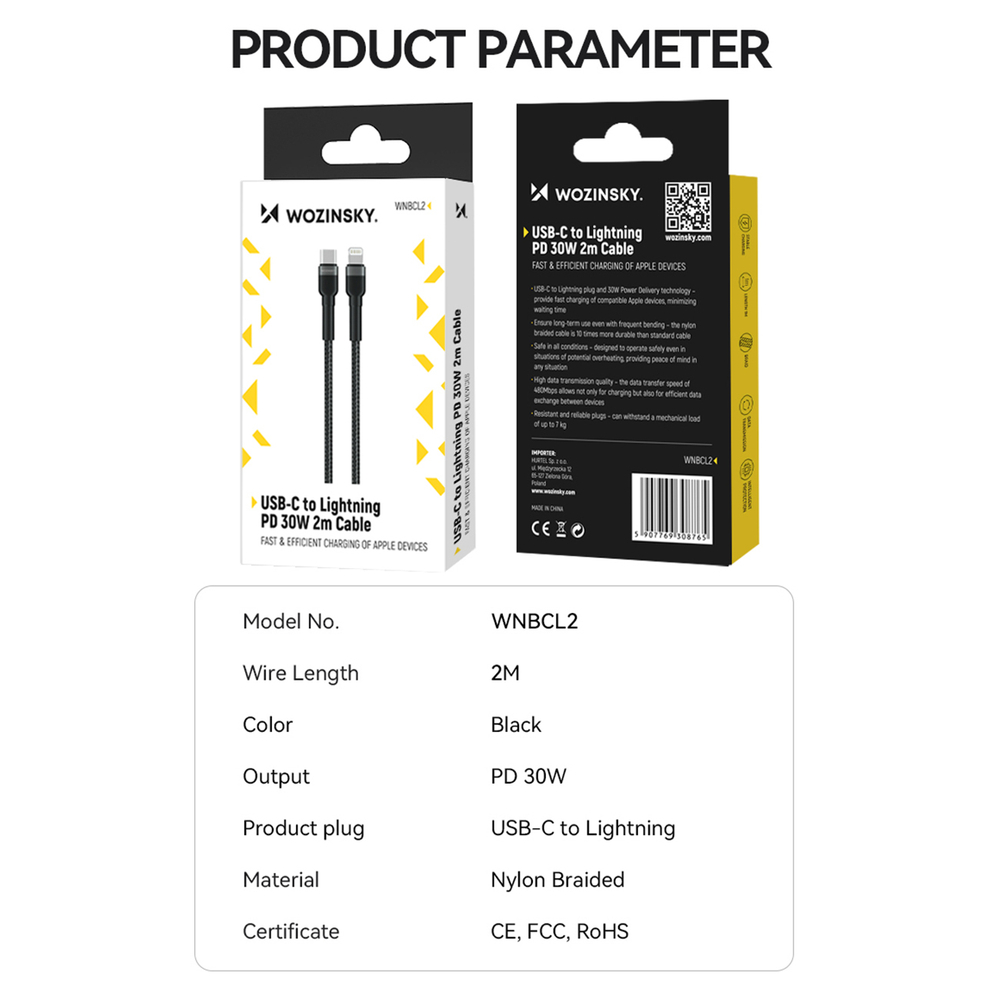 iTok webáruház - Wozinsky Wozinsky WNBCL2 USB-C–Lightning PD 30 W kábel, 2 m (fekete) 5 Wozinsky WNBCL2 Lightning / USB-C PD 30W cable 2 m (fekete)
