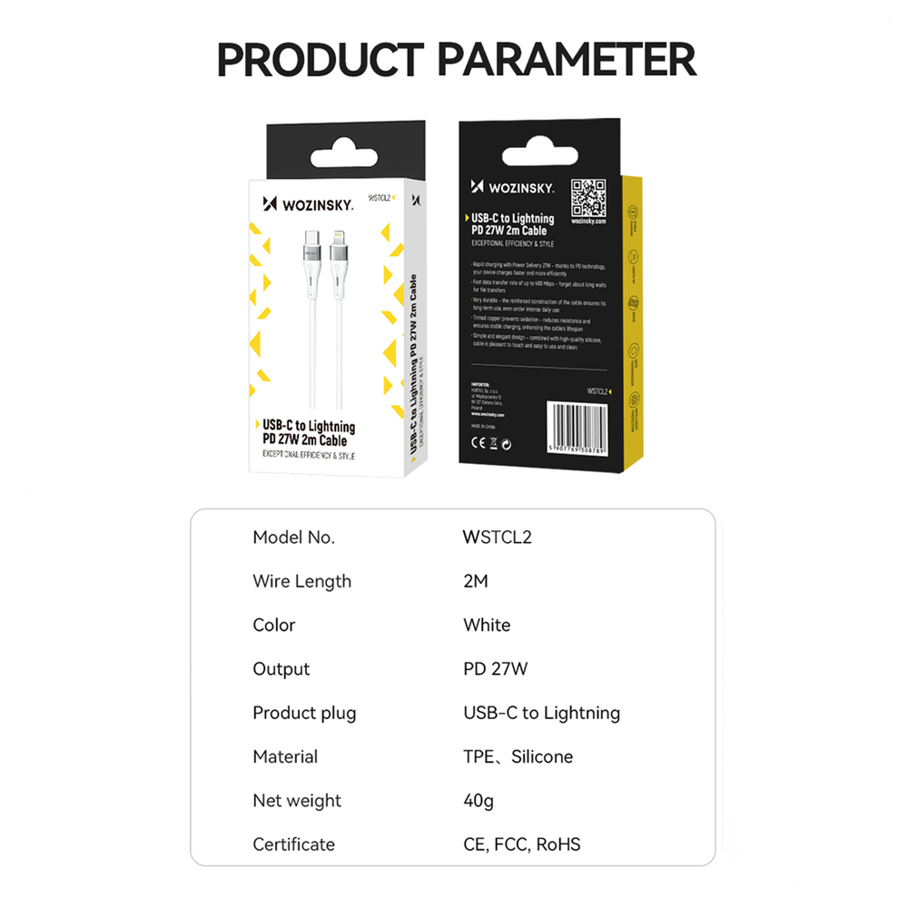 iTok webáruház - Wozinsky Wozinsky WSTCL1 Lightning–USB-C PD kábel 27 W, 1 m (fehér) 5 Wozinsky WSTCL1 Lightning / USB-C PD 27W cable 1 m (fehér)