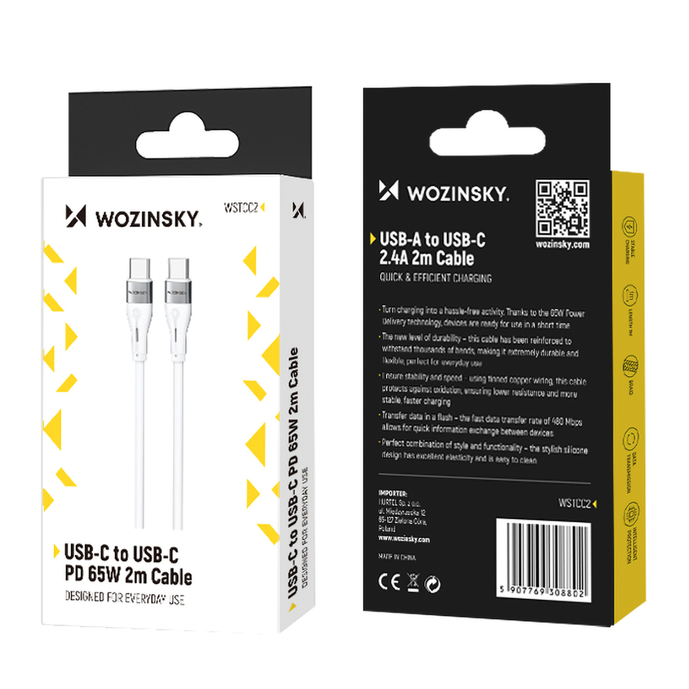iTok webáruház - Wozinsky Wozinsky WSTCC2 USB-C–USB-C PD 65 W kábel, 2 m (fehér) 5 Wozinsky WSTCC2 USB-C / USB-C PD 65W cable 2 m (fehér)