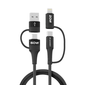 Wozinsky WNBAA 4 az 1-ben kábel, 2× USB-C, USB-A, Lightning, 60 W, 1 m (fekete)