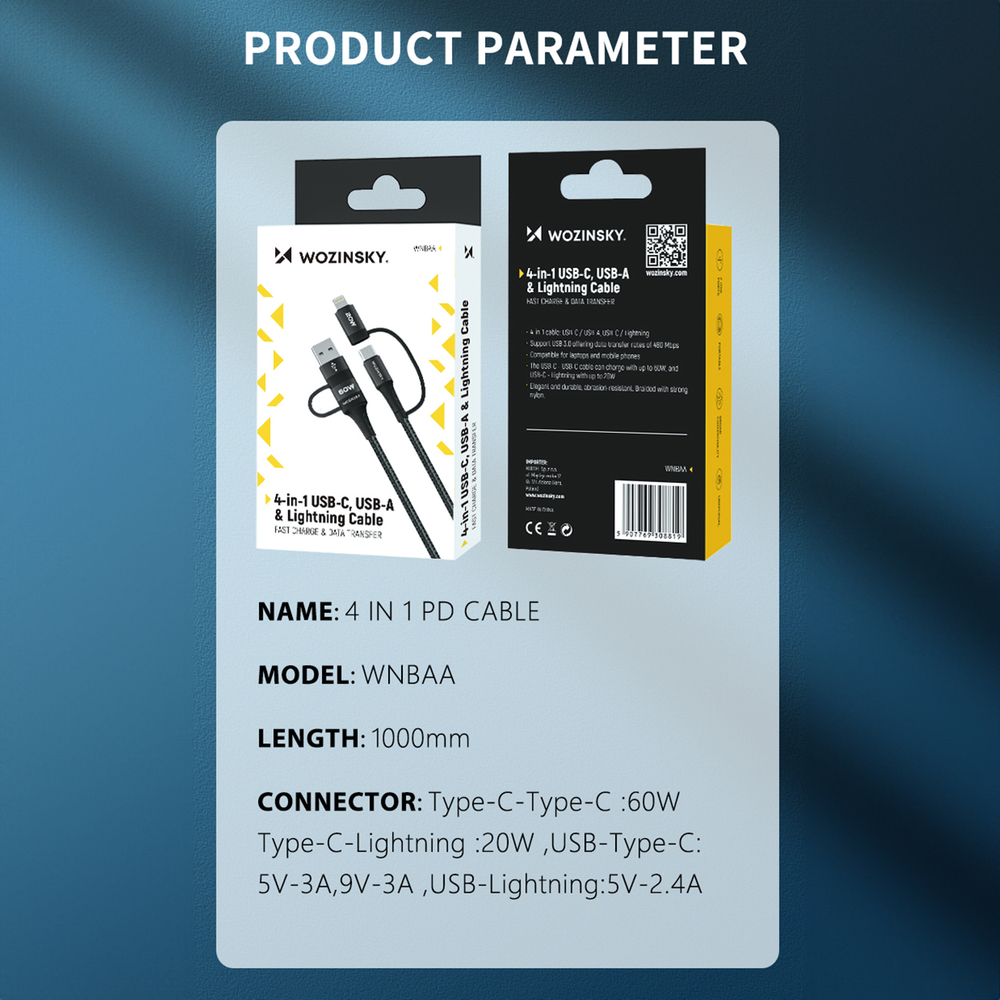 iTok webáruház - Wozinsky Wozinsky WNBAA 4 az 1-ben kábel, 2× USB-C, USB-A, Lightning, 60 W, 1 m (fekete) 5 Wozinsky WNBAA 4in1 cable 2x USB-C 1x USB-A 1x Lightning 60W 1 m (fekete)