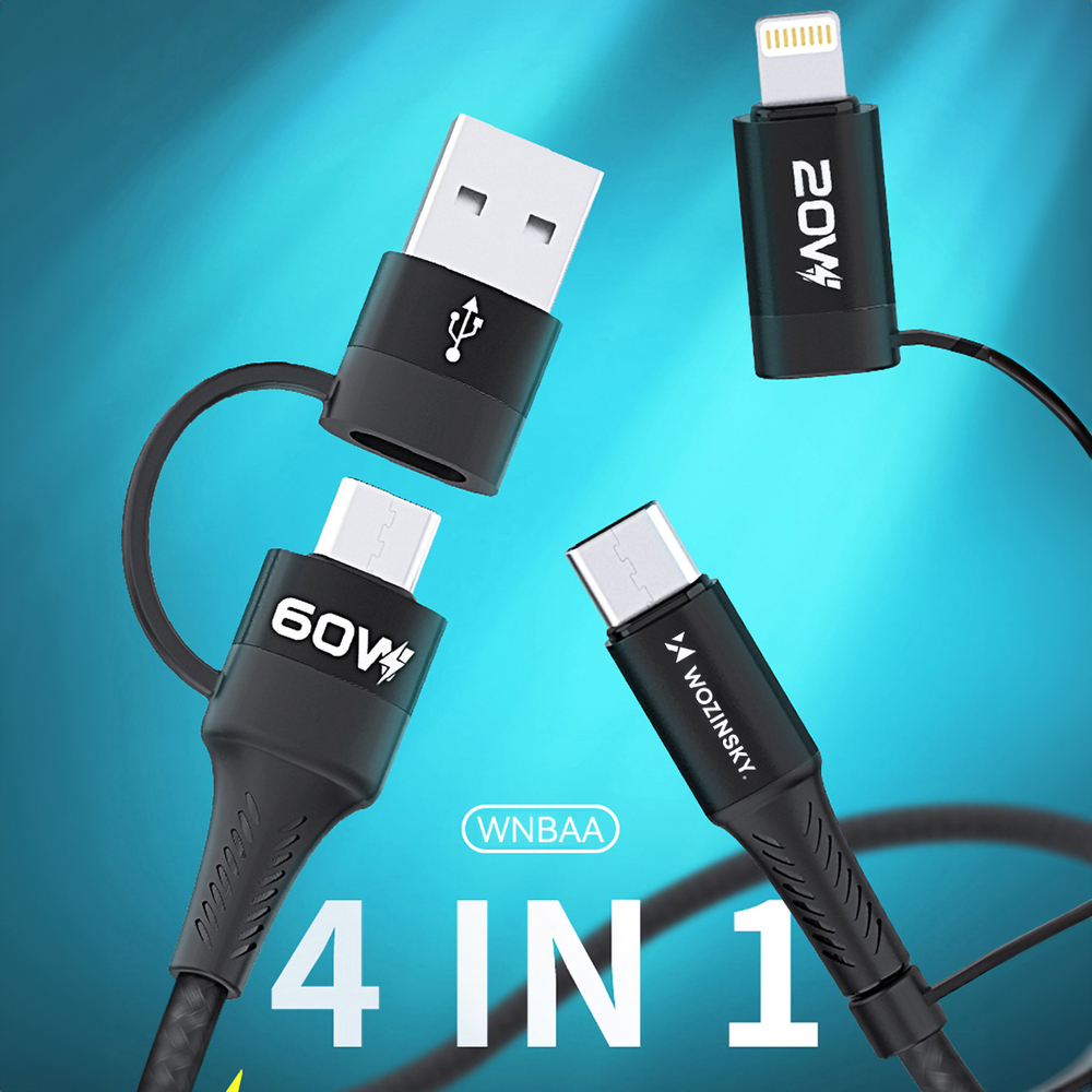 iTok webáruház - Wozinsky Wozinsky WNBAA 4 az 1-ben kábel, 2× USB-C, USB-A, Lightning, 60 W, 1 m (fekete) 6 Wozinsky WNBAA 4in1 cable 2x USB-C 1x USB-A 1x Lightning 60W 1 m (fekete)