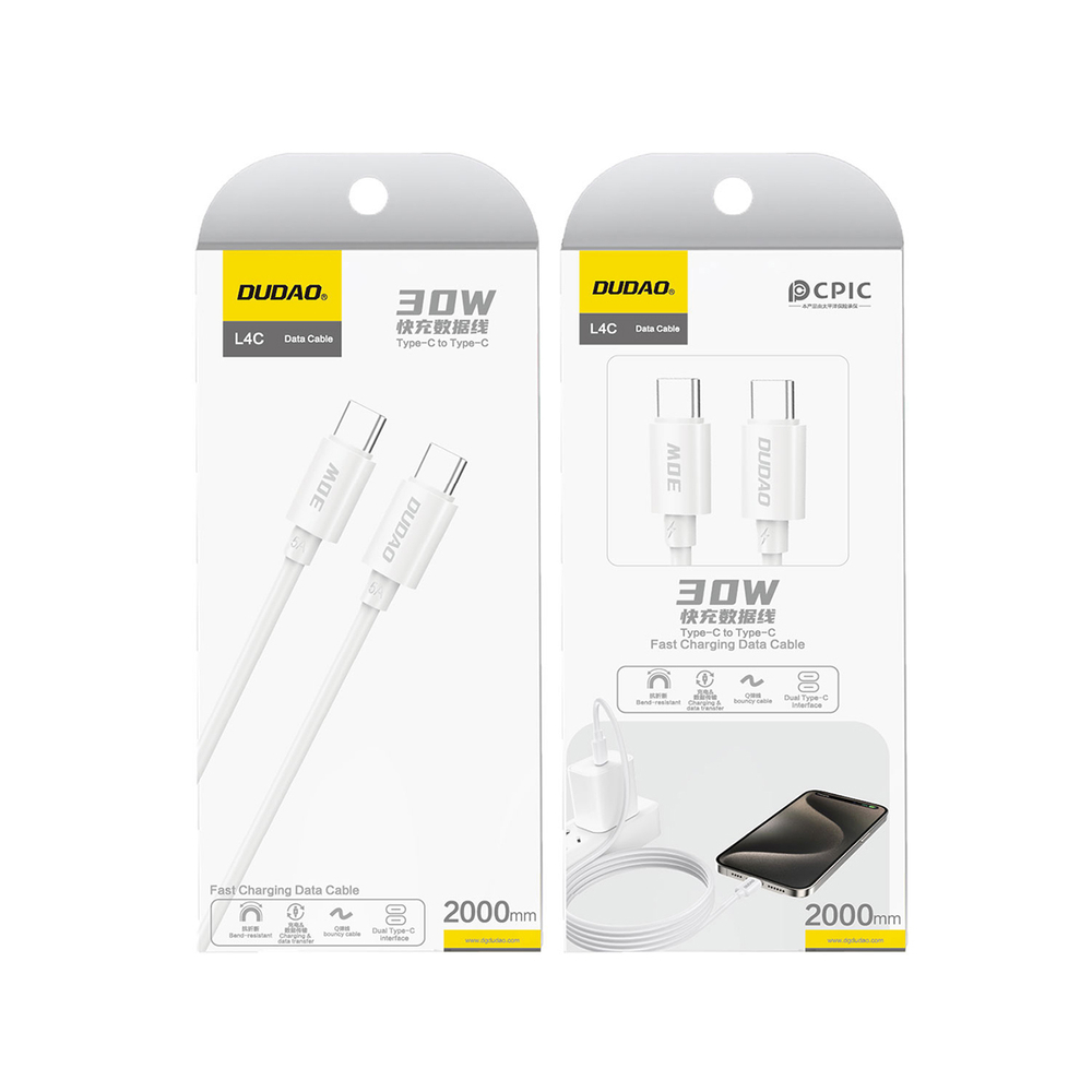 iTok webáruház - Dudao Dudao L4C USB-C–USB-C 30 W kábel, 1,2 m (fehér) 3 Dudao L4C USB-C / USB-C 30W Cable 1.2m (fehér)