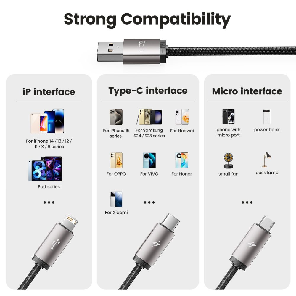 iTok webáruház - Tech-Protect Tech-Protect UltraBoost 3 az 1-ben USB-A–Lightning / USB-C / micro USB kábel 3,5 A, 1 m (szürke) 8 Tech-Protect UltraBoost 3in1 USB-A - Lightning / USB-C / micro USB 3.5A cable 1m (szürke)