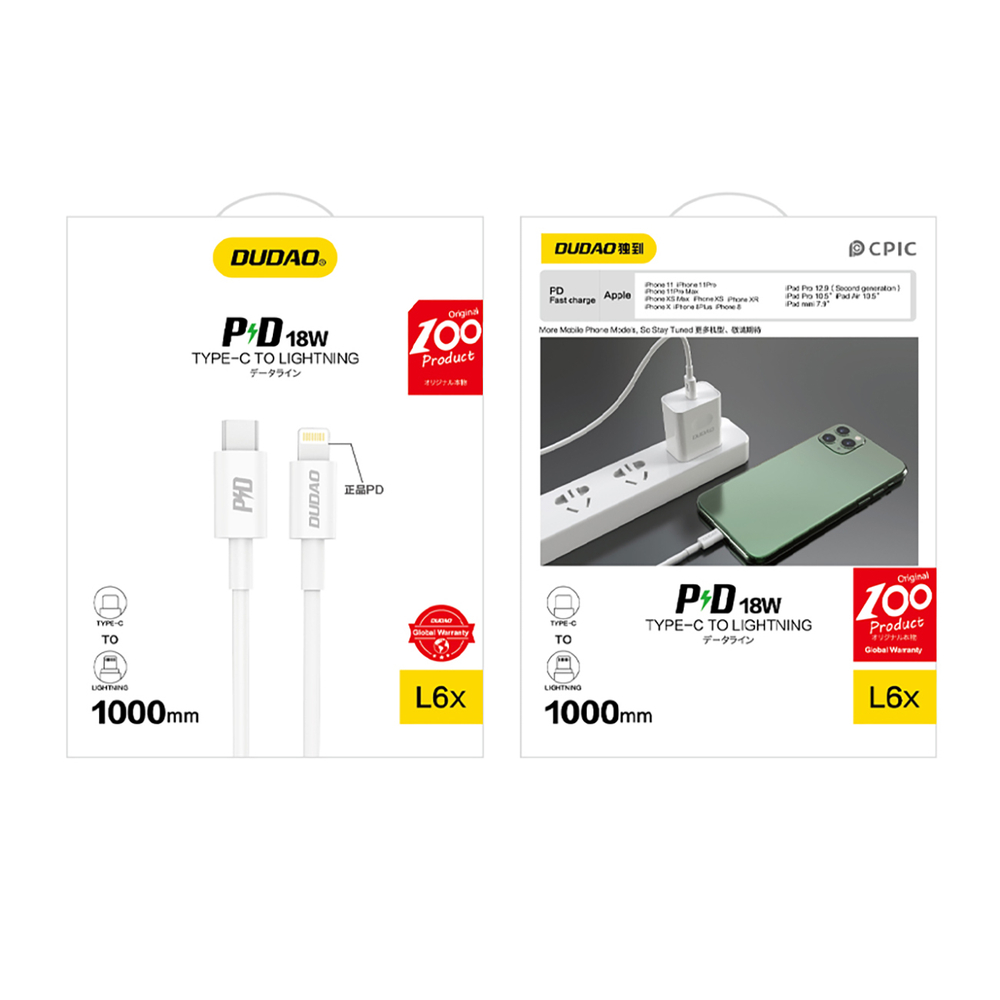 iTok webáruház - Dudao Dudao L6X USB-C–Lightning PD 20 W-os, 1 m-es kábel (fehér) 3 Dudao L6X USB-C - Lightning PD 20W 1m Cable (fehér)