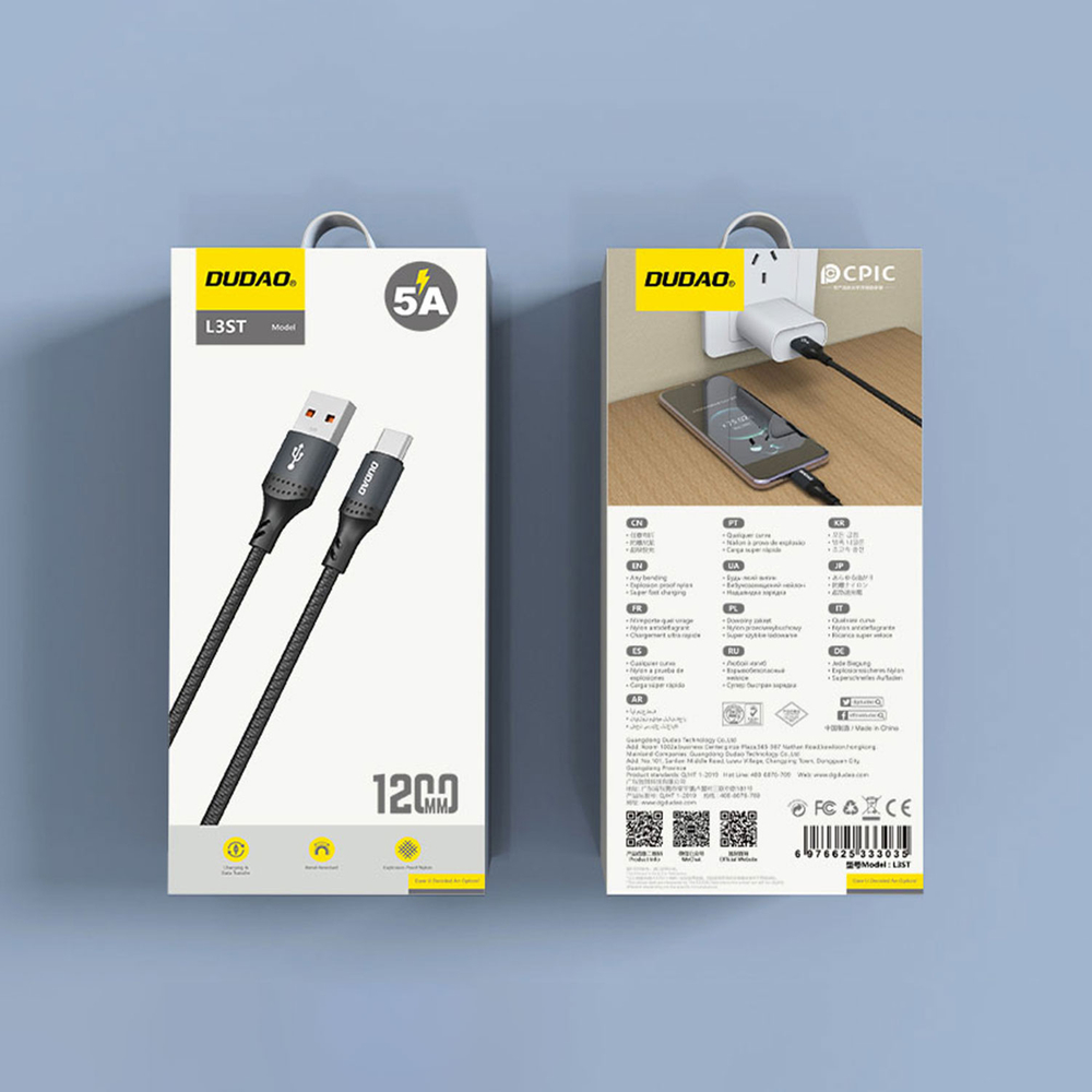 iTok webáruház - Dudao Dudao L3ST USB-A–USB-C 5A 1,2 m fonott kábel (fekete) 7 Dudao L3ST USB-A - USB-C 5A 1.2m Braided Cable (fekete)