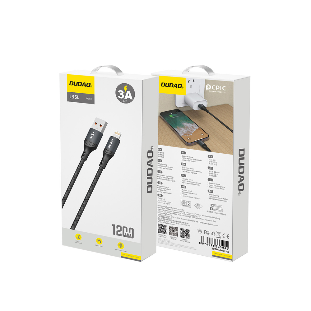 iTok webáruház - Dudao Dudao L3SL USB-A–Lightning kábel, 1,2 m, fonott, 30 W (fekete) 2 Dudao 3A 30W L3SL USB-A - Lightning Cable Braided 1.2m (fekete)