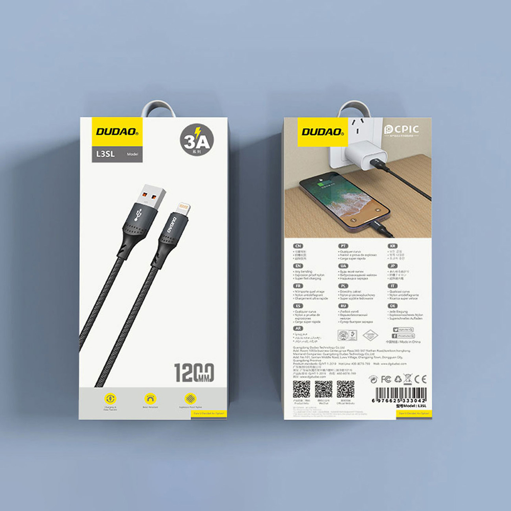 iTok webáruház - Dudao Dudao L3SL USB-A–Lightning kábel, 1,2 m, fonott, 30 W (fekete) 3 Dudao 3A 30W L3SL USB-A - Lightning Cable Braided 1.2m (fekete)