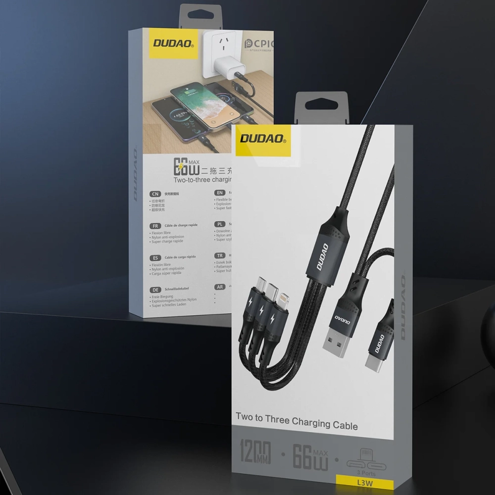 iTok webáruház - Dudao Dudao L3W 66 W-os USB-A/USB-C – Lightning/USB-C/MicroUSB kábel (fekete) 4 Dudao L3W USB-A/USB-C to Lightning/USB-C/MicroUSB 66W Cable (fekete)