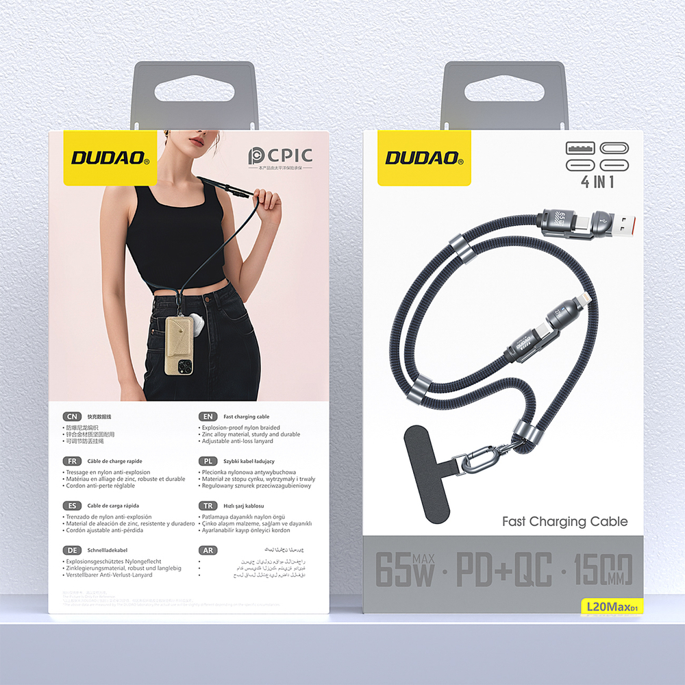 iTok webáruház - Dudao Dudao L20Max 65W 4 az 1-ben kábel nyakpánttal, USB-C–USB-C, Lightning- és USB-A-adapterekkel (kék) 4 Dudao L20Max 65W 4-in-1 Cable with Lanyard USB-C to USB-C with Lightning and USB-A Adapters (kék)