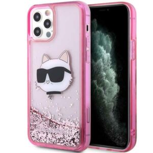 Karl Lagerfeld KLHCP12MLNCHCP Liquid Glitter Choupette Head tok iPhone 12 / 12 Pro készülékhez, rózsaszín