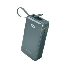 SBS Powerbank 10000 mAh 20 W beépített USB-C kábellel és digitális kijelzővel (szürke)