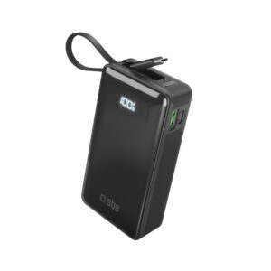 SBS 10000 mAh 20 W powerbank beépített USB-C kábellel és digitális kijelzővel (fekete)