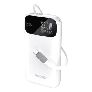 Dudao K31 10000 mAh 22,5 W PD powerbank beépített USB-C kábellel (fehér)