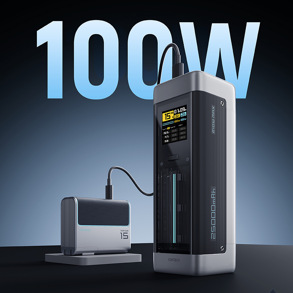 iTok webáruház - Cuktech Cuktech CUK00P23GLBK 210 W 25 000 mAh power bank, 2× USB-C és 1× USB-A (fekete) 4 Powerbank Cuktech CUK00P23GLBK 210W 25000mAh Power Bank 2 x USB-C 1 x USB-A (fekete)