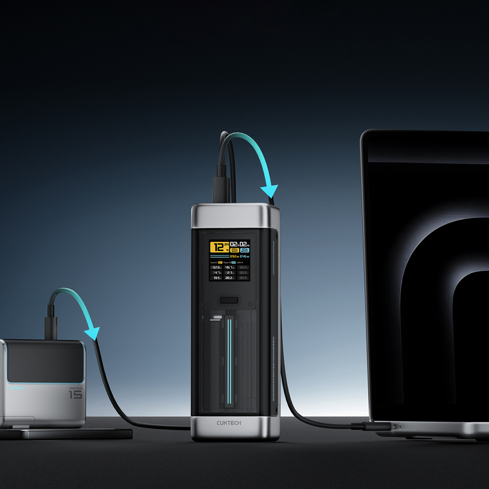 iTok webáruház - Cuktech Cuktech CUK00P23GLBK 210 W 25 000 mAh power bank, 2× USB-C és 1× USB-A (fekete) 8 Powerbank Cuktech CUK00P23GLBK 210W 25000mAh Power Bank 2 x USB-C 1 x USB-A (fekete)
