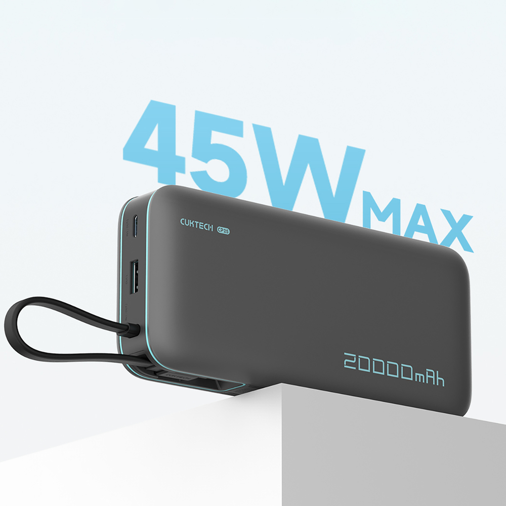 iTok webáruház - Cuktech Cuktech CUKP200NGLDG 45 W 20 000 mAh powerbank beépített USB-C kábellel (szürke) 6 Cuktech CUKP200NGLDG 45W 20000mAh Powerbank with Built-in USB-C Cable (szürke)