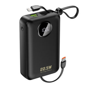 Dudao K14+ powerbank 20000 mAh, 22,5 W, beépített Lightning és USB-C kábelekkel (fekete)