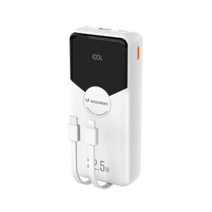 Wozinsky WFC-15W 20000 mAh 22,5 W PD20W powerbank beépített Lightning- és USB-C-kábellel (fehér)