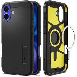 Spigen Tough Armor MagSafe tok állvánnyal iPhone 16-hoz (fekete)