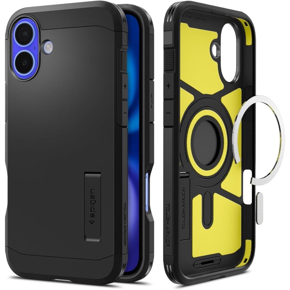 iTok webáruház - Spigen Spigen Tough Armor MagSafe tok állvánnyal iPhone 16-hoz (fekete) 1 Spigen Tough Armor MagSafe case with stand for iPhone 16 (fekete)