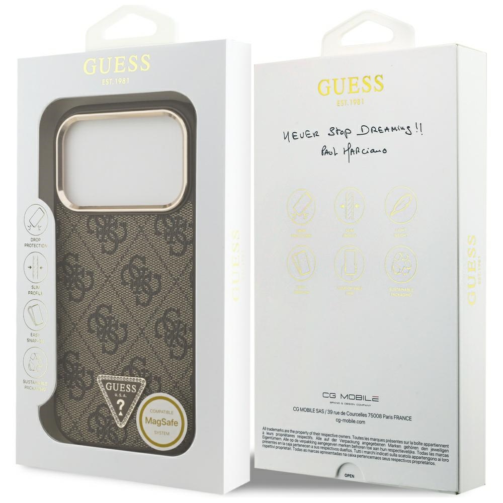iTok webáruház - Guess Guess 4G Triangle Logo MagSafe tok iPhone 17 Pro (barna és arany) 8 Guess 4G Triangle Logo MagSafe Case for iPhone 17 Pro (barna és arany)