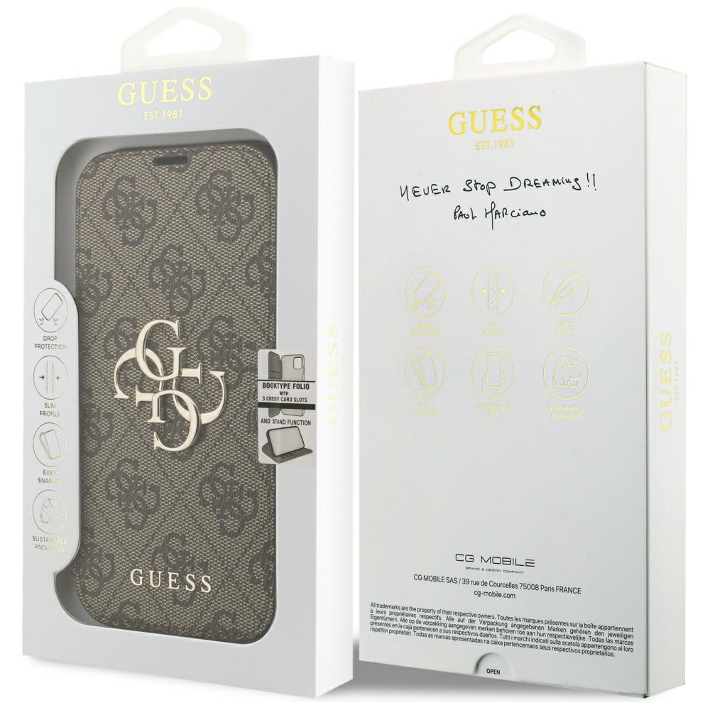 iTok webáruház - Guess Guess Book 4G Metal Logo tok iPhone 17 Pro (barna) 7 Guess Book 4G Metal Logo Case for iPhone 17 Pro (barna)