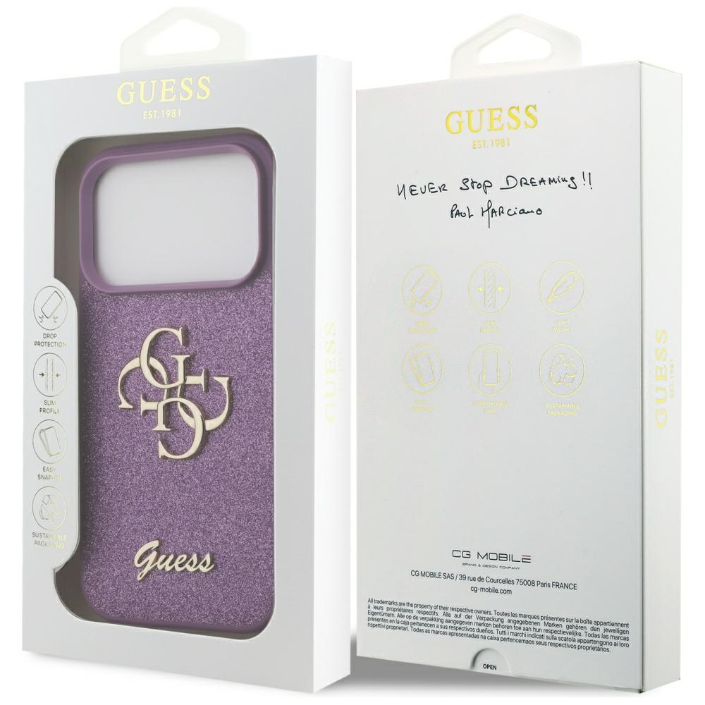 iTok webáruház - Guess Guess Fixed Glitter Big 4G tok iPhone 17 Pro készülékhez (lila) 8 Guess Fixed Glitter Big 4G case for iPhone 17 Pro (lila)