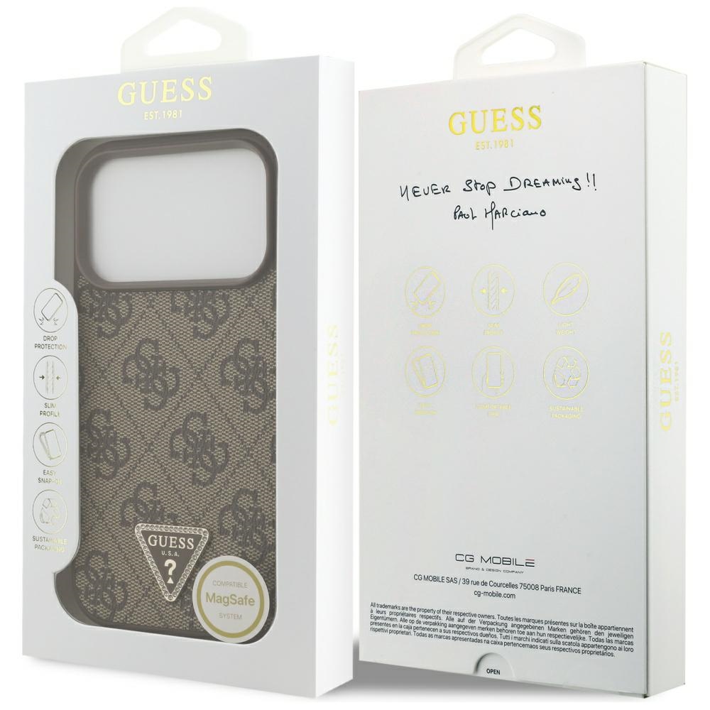 iTok webáruház - Guess Guess Leather 4G Triangle Strass MagSafe tok iPhone 17 Pro (barna) 8 Guess Leather 4G Triangle Strass MagSafe Case for iPhone 17 Pro (barna)
