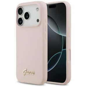 Guess Silicone Script Metal Logo MagSafe szilikon tok iPhone 17 Pro készülékhez (rózsaszín)