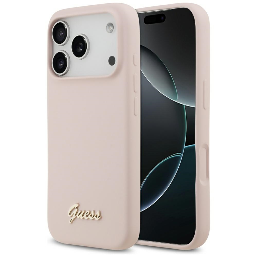 iTok webáruház - Guess Guess Silicone Script Metal Logo MagSafe szilikon tok iPhone 17 Pro készülékhez (rózsaszín) 1 Guess Silicone Script Metal Logo MagSafe Case for iPhone 17 Pro (rózsaszín)