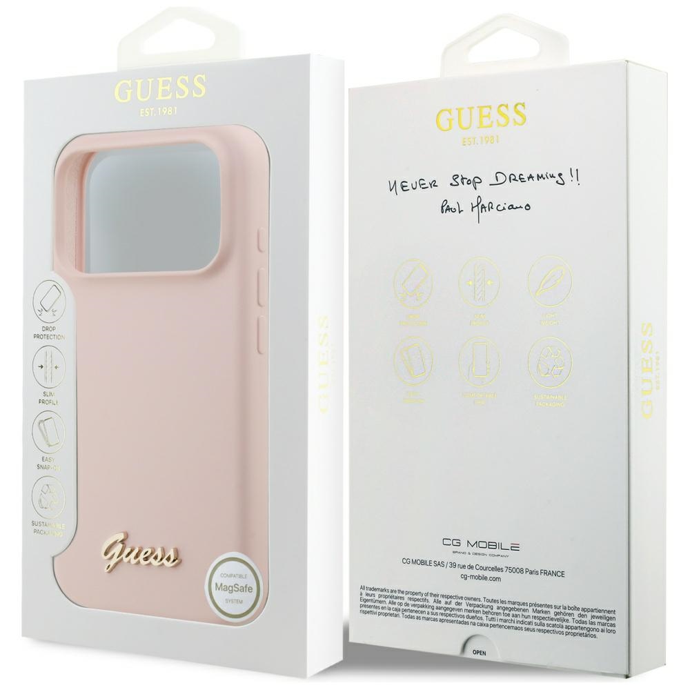 iTok webáruház - Guess Guess Silicone Script Metal Logo MagSafe szilikon tok iPhone 17 Pro készülékhez (rózsaszín) 8 Guess Silicone Script Metal Logo MagSafe Case for iPhone 17 Pro (rózsaszín)