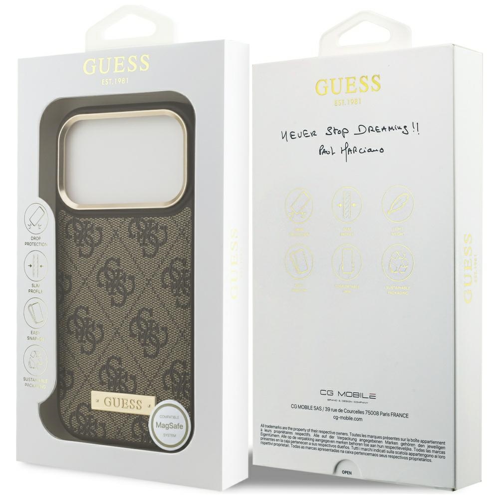 iTok webáruház - Guess Guess 4G Logo Plate MagSafe tok iPhone 17 Pro (barna) 8 Guess 4G Logo Plate MagSafe case for iPhone 17 Pro (barna)