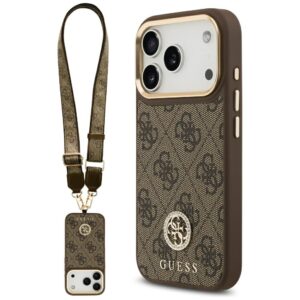 Guess 4G Strass Logo & Big Strap Metal Buttons MagSafe tok iPhone 17 Pro készülékhez (barna)