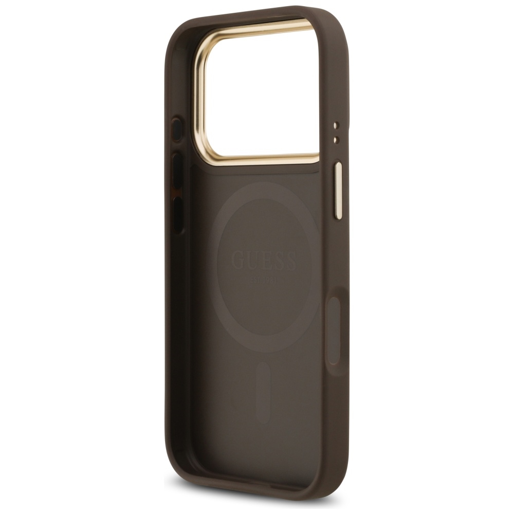 iTok webáruház - Guess Guess 4G Strass Logo & Big Strap Metal Buttons MagSafe tok iPhone 17 Pro készülékhez (barna) 7 Guess 4G Strass Logo & Big Strap Metal Buttons MagSafe Case for iPhone 17 Pro (barna)