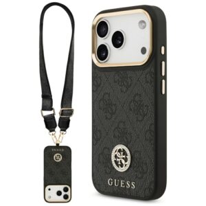 Guess 4G Strass Logo & Big Strap Metal Buttons MagSafe tok iPhone 17 Pro készülékhez (fekete)