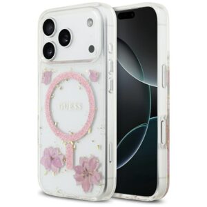 Guess Resin Flowers Glitter MagSafe tok iPhone 17 Pro-hoz (rózsaszín)