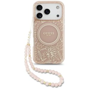 Guess IML Flowers Electro Pearl Strap MagSafe tok iPhone 17 Pro készülékhez (rózsaszín)