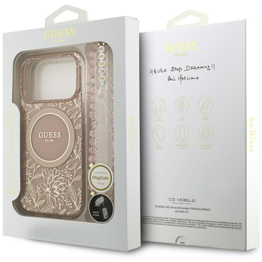 iTok webáruház - Guess Guess IML Flowers Electro Pearl Strap MagSafe tok iPhone 17 Pro készülékhez (rózsaszín) 8 Guess IML Flowers Electro Pearl Strap MagSafe Case for iPhone 17 Pro (rózsaszín)