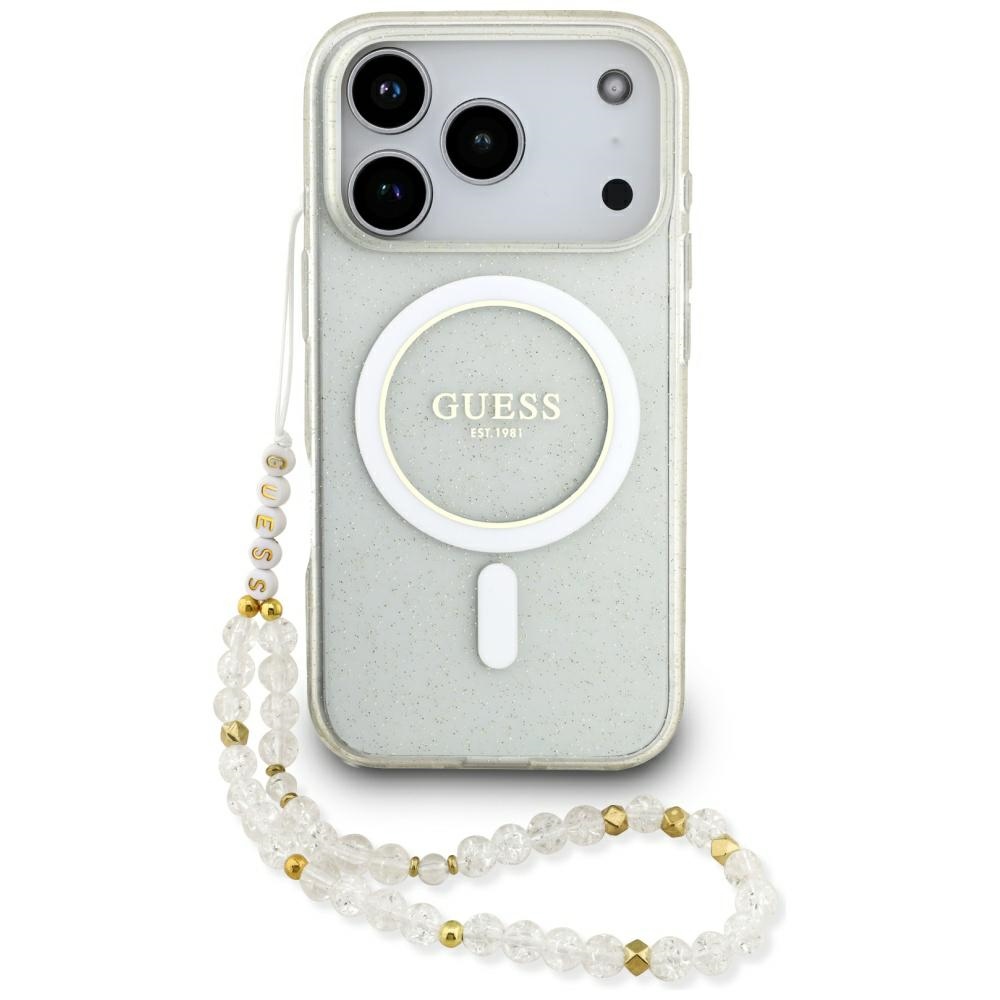iTok webáruház - Guess Guess IML Glitter Pearl Strap MagSafe tok iPhone 17 Pro készülékhez (átlátszó) 1 Guess IML Glitter Pearl Strap MagSafe Case for iPhone 17 Pro (átlátszó)