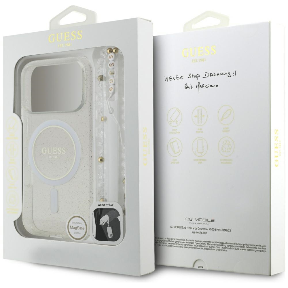 iTok webáruház - Guess Guess IML Glitter Pearl Strap MagSafe tok iPhone 17 Pro készülékhez (átlátszó) 8 Guess IML Glitter Pearl Strap MagSafe Case for iPhone 17 Pro (átlátszó)