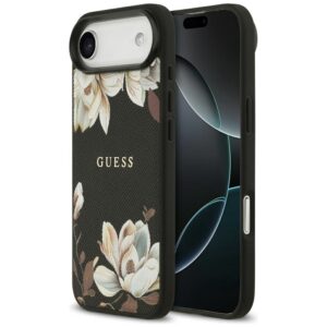 Guess Grained Flowers Classic Logo MagSafe tok iPhone Airhez (fekete)